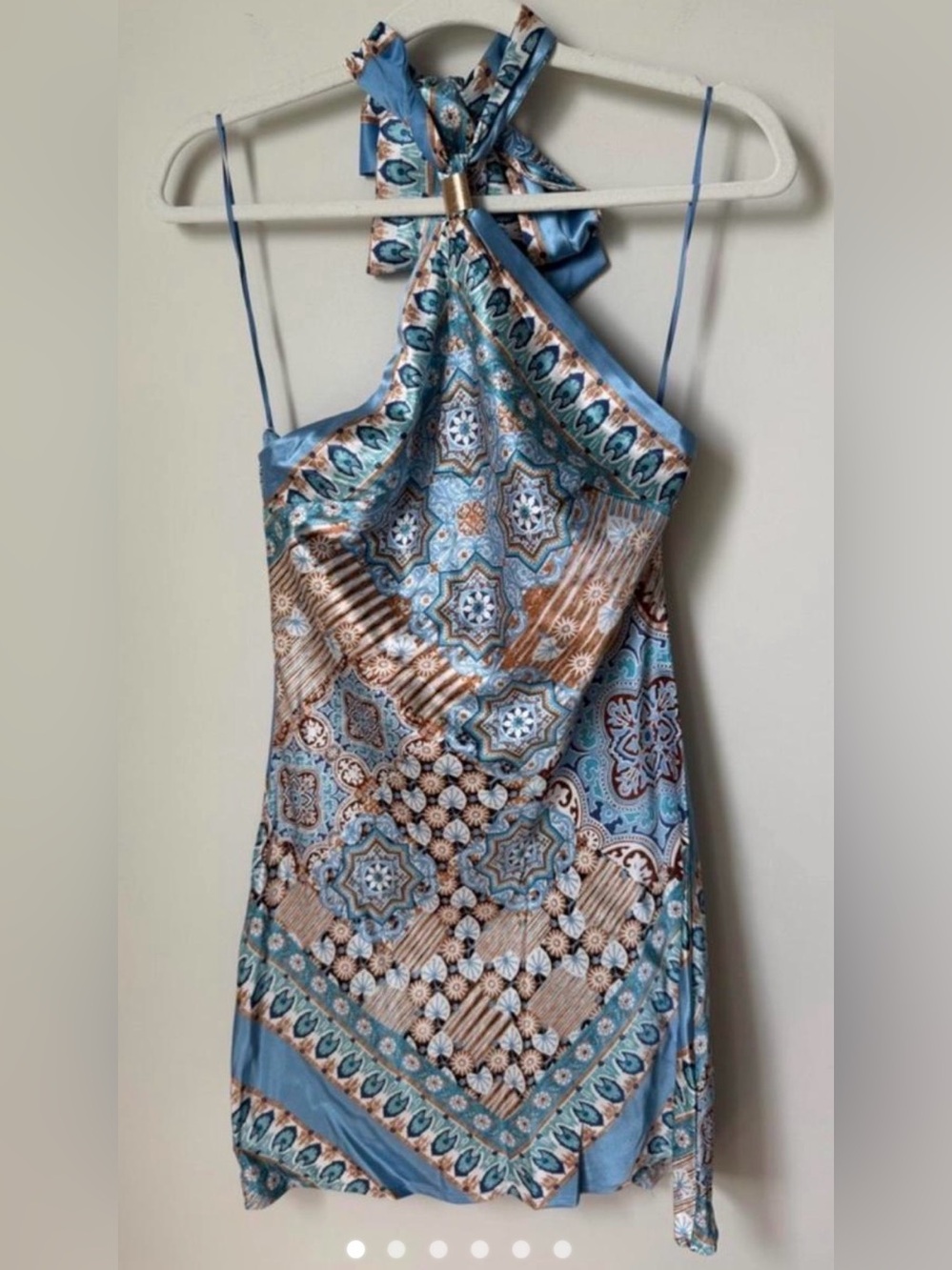 Viral Thirty Thirty Blue Paisley Halter Neck Printed Dress with gold detail